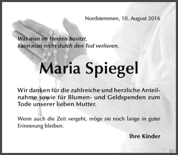 Traueranzeige von Maria Spiegel von Hildesheimer Allgemeine Zeitung