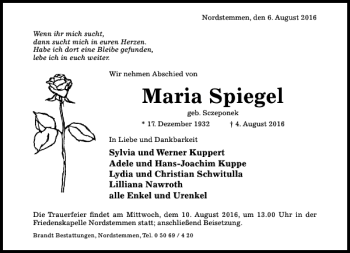 Traueranzeige von Maria Spiegel von Hildesheimer Allgemeine Zeitung