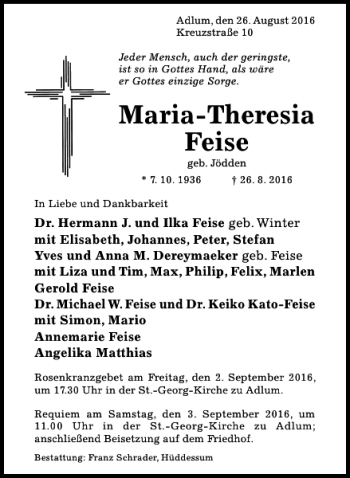 Traueranzeige von Maria-Theresia Feise von Hildesheimer Allgemeine Zeitung