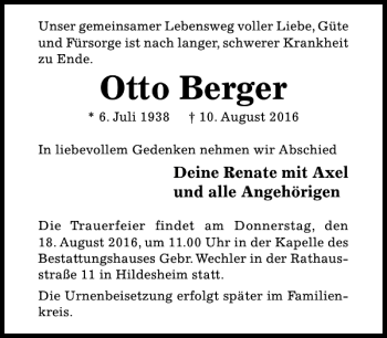 Traueranzeige von Otto Berger von Hildesheimer Allgemeine Zeitung