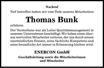 Traueranzeige von Thomas Bunk von Hildesheimer Allgemeine Zeitung