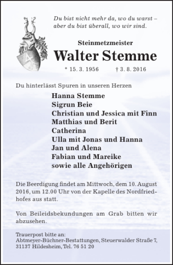 Traueranzeige von Walter Stemme von Hildesheimer Allgemeine Zeitung