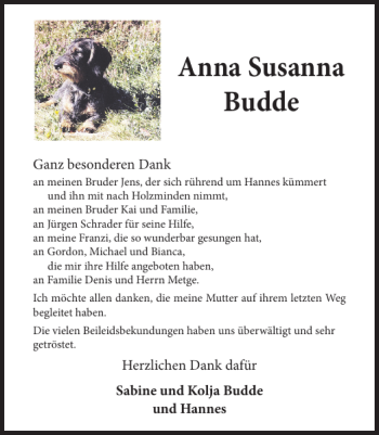 Traueranzeige von Anna Susanna Budde von Hildesheimer Allgemeine Zeitung