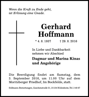 Traueranzeige von Gerhard Hoffmann von Hildesheimer Allgemeine Zeitung