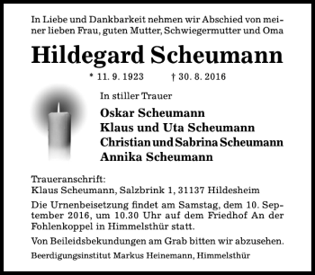 Traueranzeige von Hildegard Scheumann von Hildesheimer Allgemeine Zeitung