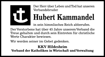 Traueranzeige von Hubert Kammandel von Hildesheimer Allgemeine Zeitung