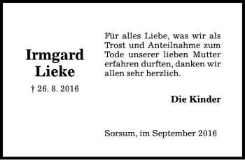 Traueranzeige von Irmgard Lieke von Hildesheimer Allgemeine Zeitung