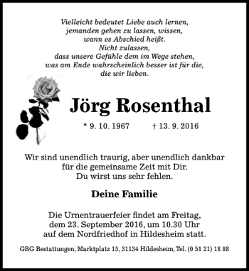 Traueranzeige von Jörg Rosenthal von Hildesheimer Allgemeine Zeitung