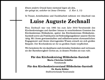 Traueranzeige von Luise Auguste Zechnall von Hildesheimer Allgemeine Zeitung
