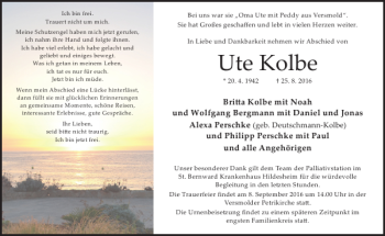Traueranzeige von Ute Kolbe von Hildesheimer Allgemeine Zeitung