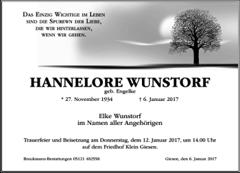 Traueranzeige von Hannelore Wunstorf von Hildesheimer Allgemeine Zeitung