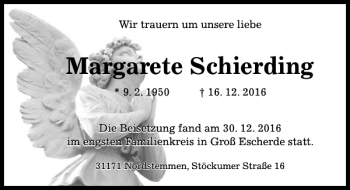 Traueranzeige von Margarete Schierding von Hildesheimer Allgemeine Zeitung