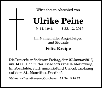 Traueranzeige von Ulrike Peine von Hildesheimer Allgemeine Zeitung