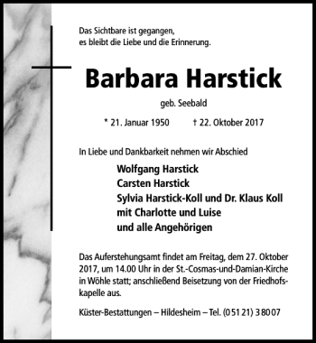 Traueranzeige von Barbara Harstick von Hildesheimer Allgemeine Zeitung