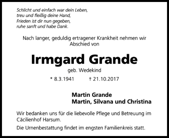 Traueranzeige von Irmgard Grande von Hildesheimer Allgemeine Zeitung