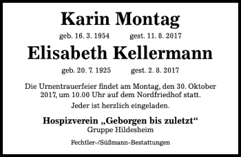 Traueranzeige von Karin Montag Elisabeth Kellermann von Hildesheimer Allgemeine Zeitung