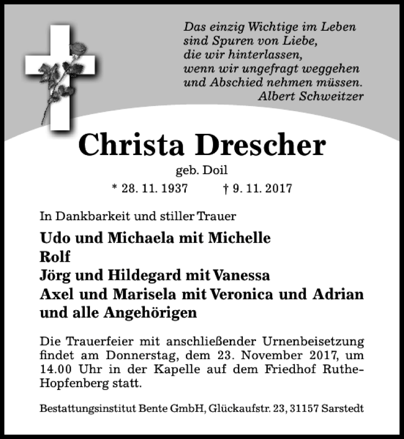 Traueranzeigen Von Christa Drescher Trauerportal Hildesheimer Allgemeine Zeitung 