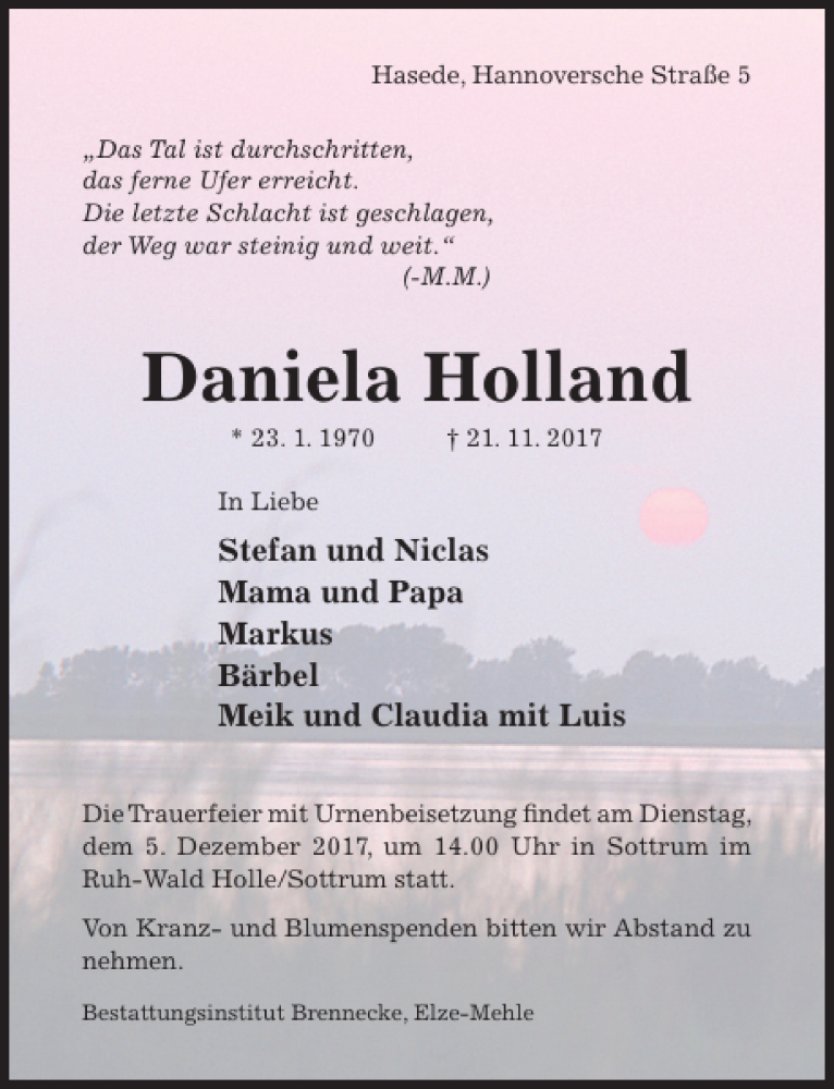  Traueranzeige für Daniela Holland vom 25.11.2017 aus Hildesheimer Allgemeine Zeitung