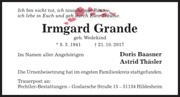 Traueranzeige von Irmgard Grande von Hildesheimer Allgemeine Zeitung