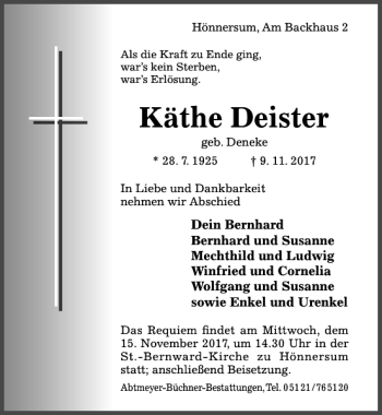 Traueranzeige von Käthe Deister von Hildesheimer Allgemeine Zeitung