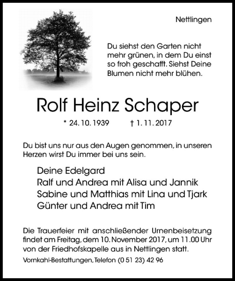  Traueranzeige für Rolf Heinz Schaper vom 04.11.2017 aus Hildesheimer Allgemeine Zeitung