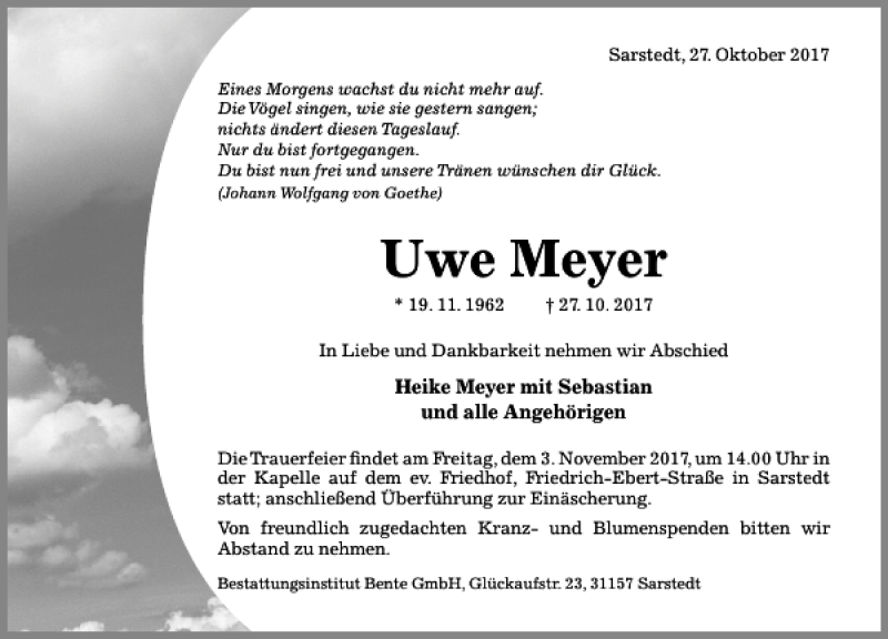  Traueranzeige für Uwe Meyer vom 01.11.2017 aus Hildesheimer Allgemeine Zeitung