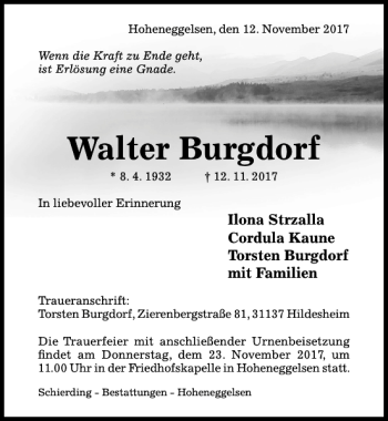 Traueranzeige von Walter Burgdorf von Hildesheimer Allgemeine Zeitung