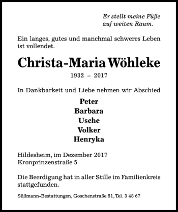 Traueranzeige von Christa-Maria Wöhleke von Hildesheimer Allgemeine Zeitung