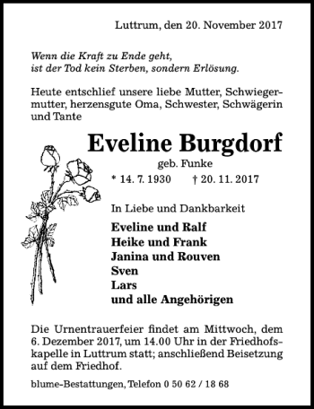 Traueranzeige von Eveline Burgdorf von Hildesheimer Allgemeine Zeitung