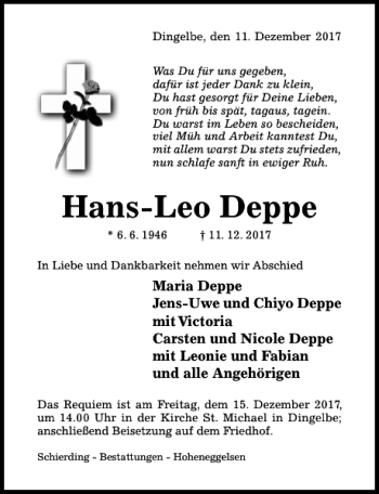 Traueranzeige von Hans-Leo Deppe von Hildesheimer Allgemeine Zeitung