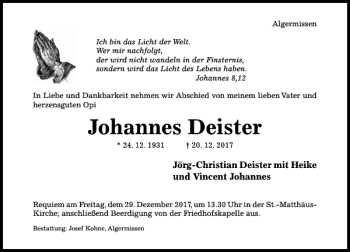 Traueranzeige von Johannes Deister von Hildesheimer Allgemeine Zeitung