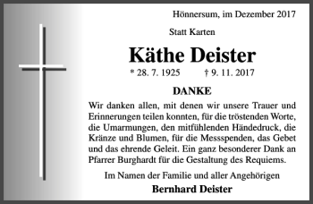 Traueranzeige von Käthe Deister von Hildesheimer Allgemeine Zeitung