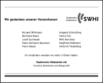 Traueranzeige von Verstorbene Mitarbeiter der Stadtwerke Hildesheim von Hildesheimer Allgemeine Zeitung