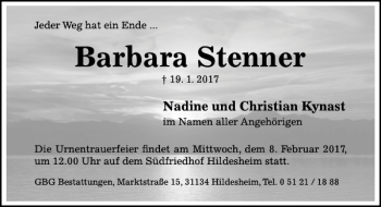 Traueranzeige von Barbara Stenner von Hildesheimer Allgemeine Zeitung