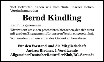 Traueranzeige von Bernd Kindling von Hildesheimer Allgemeine Zeitung