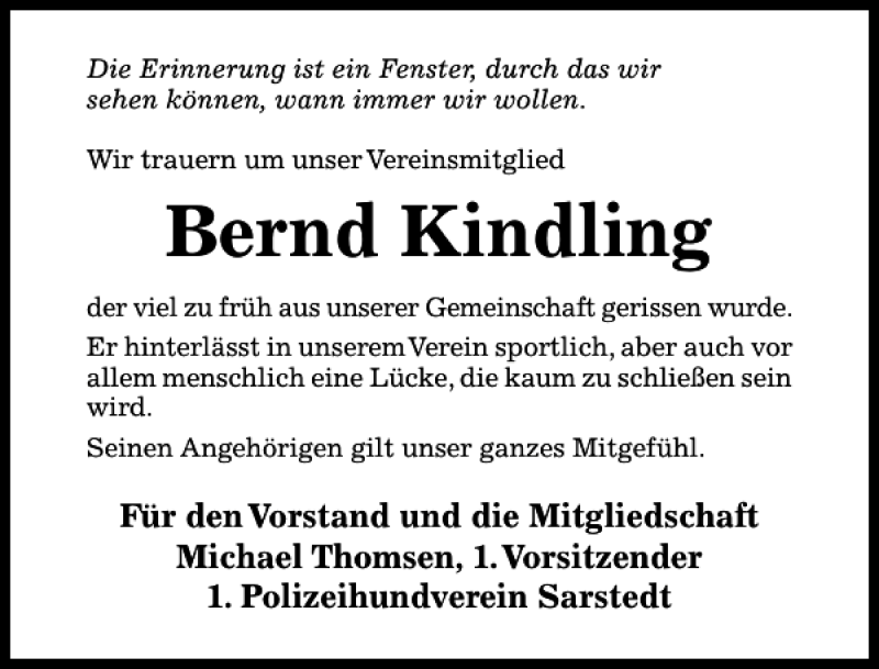  Traueranzeige für Bernd Kindling vom 15.02.2017 aus Hildesheimer Allgemeine Zeitung