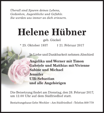 Traueranzeige von Helene Hübner von Hildesheimer Allgemeine Zeitung