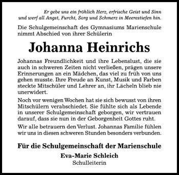 Traueranzeige von Johanna Heinrichs von Hildesheimer Allgemeine Zeitung
