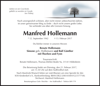 Traueranzeige von Manfred Hollemann von Hildesheimer Allgemeine Zeitung