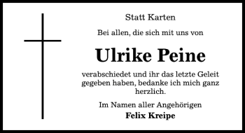 Traueranzeige von Ulrike Peine von Hildesheimer Allgemeine Zeitung