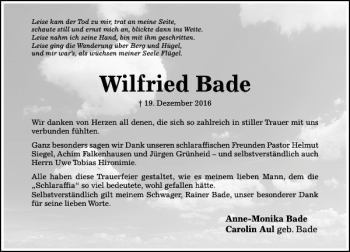 Traueranzeige von Wilfried Bade von Hildesheimer Allgemeine Zeitung