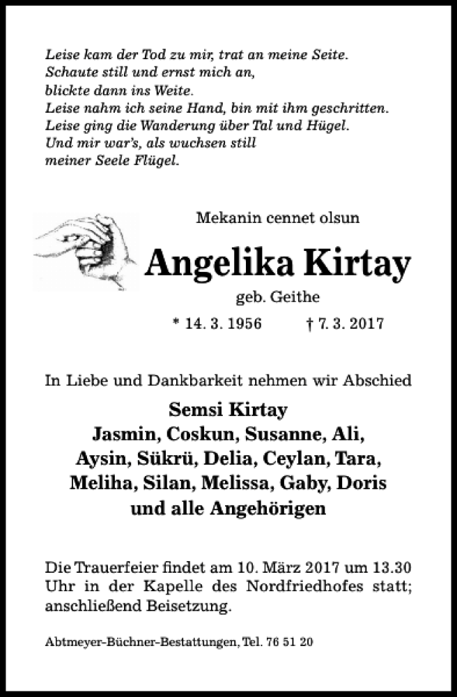  Traueranzeige für Angelika Kirtay vom 09.03.2017 aus Hildesheimer Allgemeine Zeitung