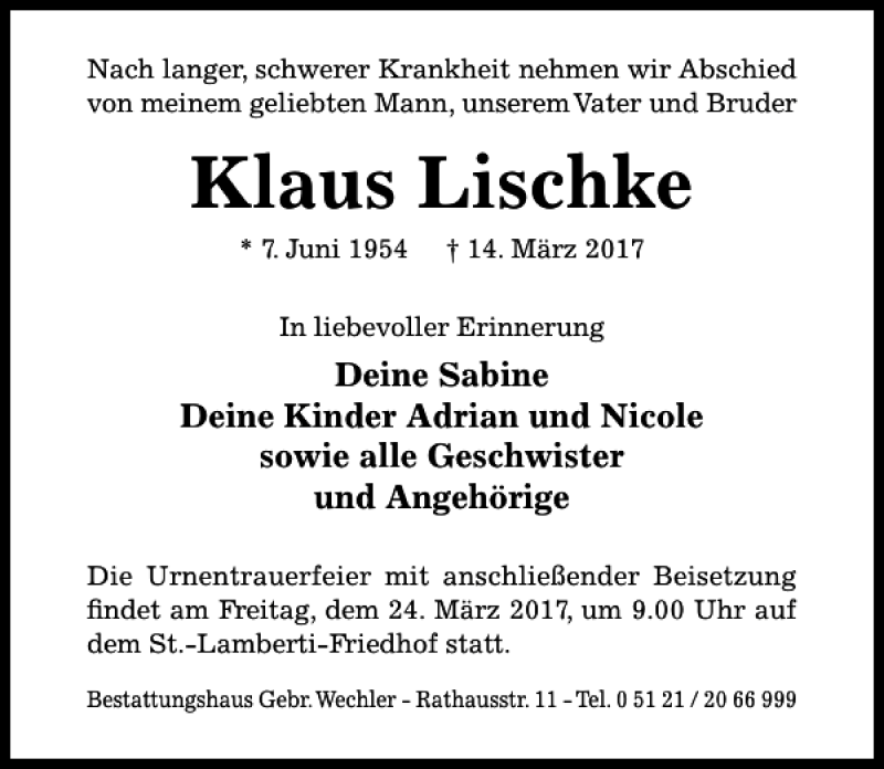  Traueranzeige für Klaus Lischke vom 18.03.2017 aus Hildesheimer Allgemeine Zeitung