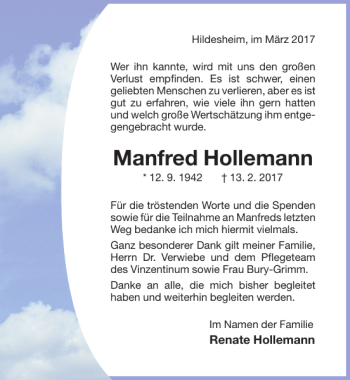 Traueranzeige von Manfred Hollemann von Hildesheimer Allgemeine Zeitung