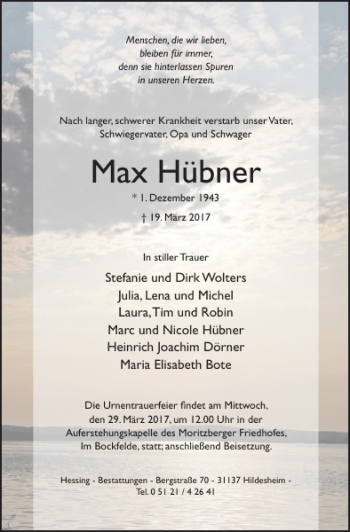 Traueranzeige von Max Hübner von Hildesheimer Allgemeine Zeitung