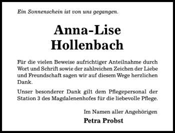 Traueranzeige von Anna-Lise Hollenbach von Hildesheimer Allgemeine Zeitung