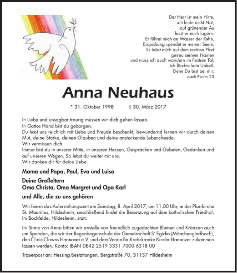  Traueranzeige für Anna Neuhaus vom 05.04.2017 aus Hildesheimer Allgemeine Zeitung