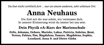 Traueranzeige von Anna Neuhaus von Hildesheimer Allgemeine Zeitung