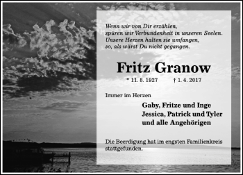 Traueranzeige von Fritz Granow von Hildesheimer Allgemeine Zeitung