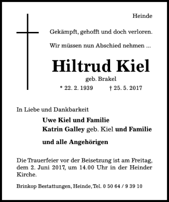 Traueranzeige von Hiltrud Kiel von Hildesheimer Allgemeine Zeitung